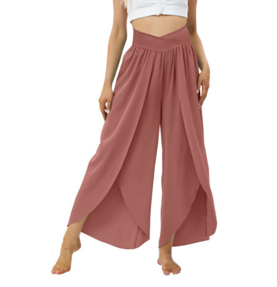 Loose Split Yoga Pants Summer Elastic High Waist Wide Leg Trousers Women's Fashion Versatile Clothing Rouge L Women Clothing Zimivas