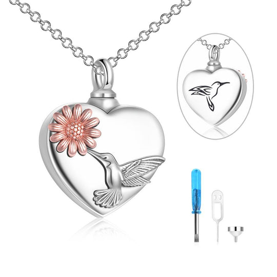 Hummingbird Urn Necklaces for Ashes Sterling Silver Heart Sunflower Cremation Memory Jewelry for Women Men Silver Jewelry Zimivas