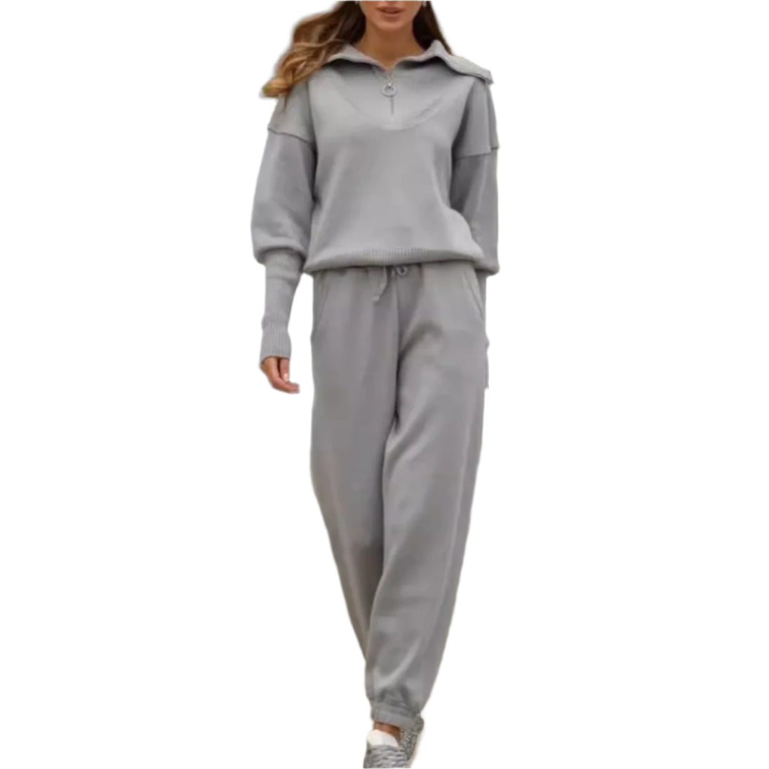 Long Sleeve Suit Zipper Lapel Top And Drawstring Trousers Fashion Casual Sports Clothing For Women Gray Women Clothing Zimivas