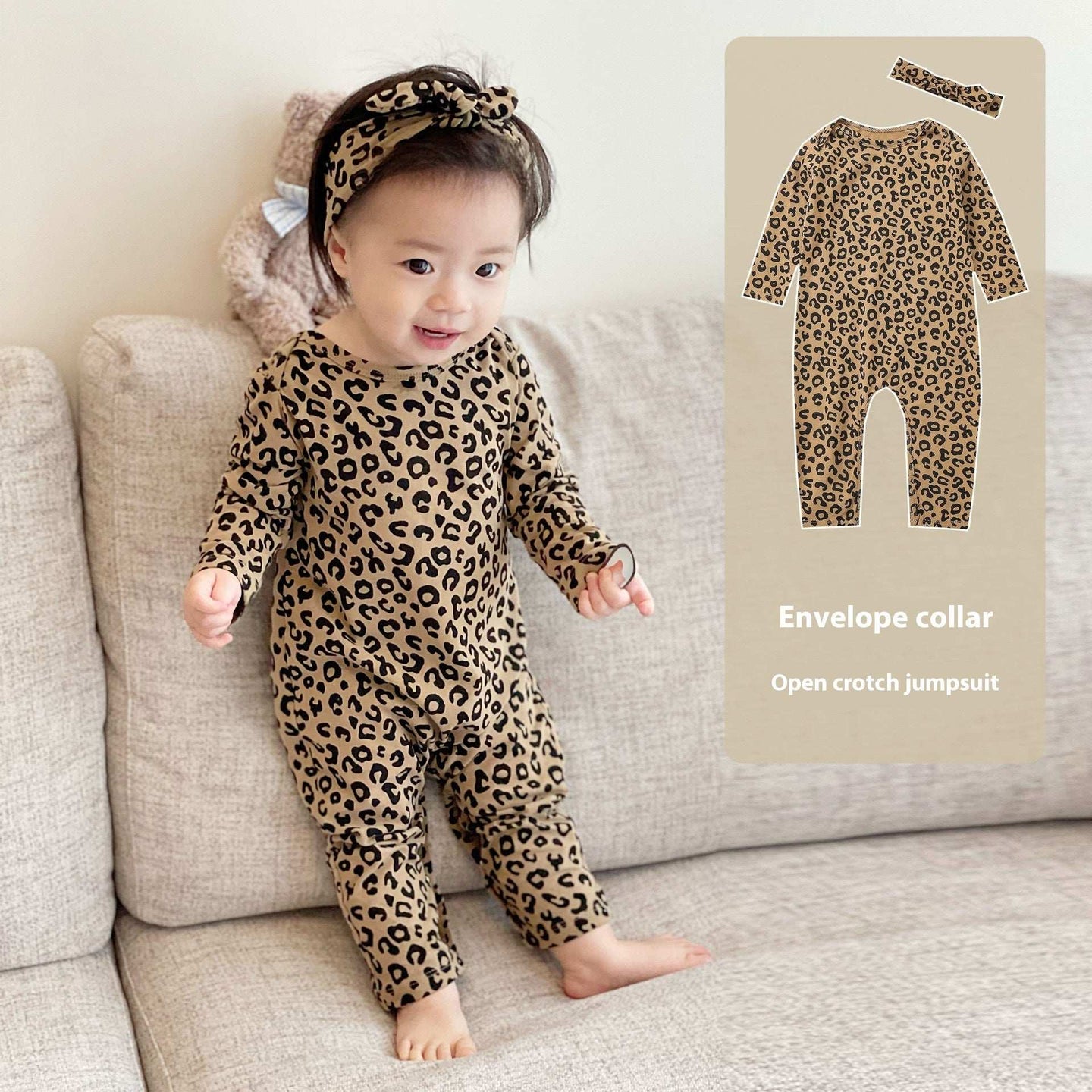 Baby Leopard Print Cotton Long-sleeved Jumpsuit Open-end Romper 0 Zimivas