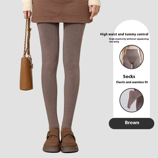 Winter High Waist Leggings With Sock Fashion Slim Pantyhose Warm Thin Legs Pants Women Clothing Coffee color connected feet women clothing Zimivas