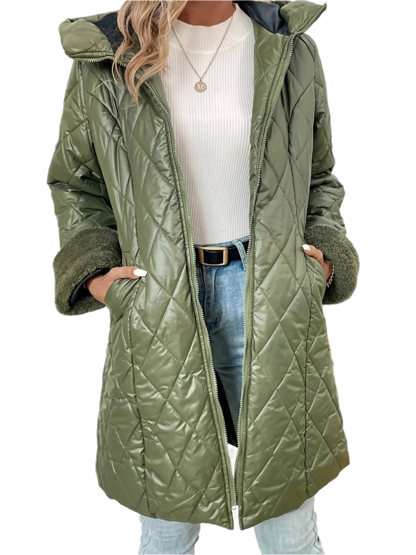 women Coats & Jackets Pure Color Cotton Clothing Hooded Quilted Down Jacket Winter Fashion Wrap Coat Long Sleeve Padded Puffer Outerwear with Pockets Green Women Clothing Zimivas