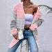 Women's Sweater Jacket with Big Pockets Autumn and Winter Long Striped Color Matching Cardigan Women Clothing Zimivas