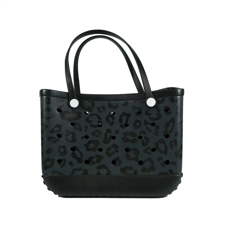 Dongdong Beach Storage Bag Handbag Printed EVA Outdoor Basket Pet Bag Black background leopard print Medium size (38 * 32 * 13) eprolo