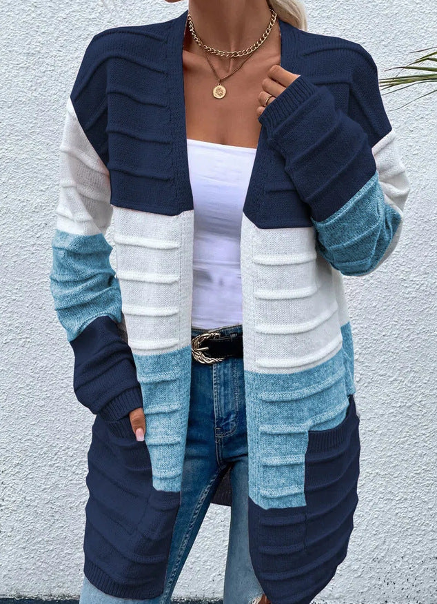 Women's Sweater Jacket with Big Pockets Autumn and Winter Long Striped Color Matching Cardigan Blue And White Women Clothing Zimivas