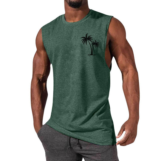 Coconut Tree Embroidery Vest Summer Beach Tank Tops Workout Muscle Men Sports Fitness T-shirt Green Men Clothing Zimivas