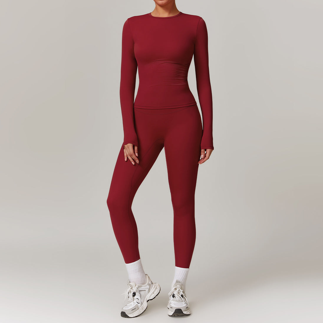 Tight-fitting Brushed Yoga Suit Quick-drying Fitness Clothes Fitness Long Sleeve Tracksuits Sports Suit Gym Top High Waist Leggings Women Sets Yoga Set Cherry Red Women Clothing Zimivas