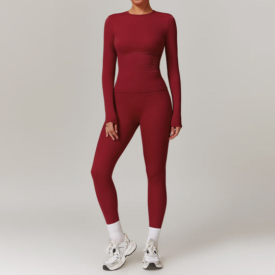 Tight-fitting Brushed Yoga Suit Quick-drying Fitness Clothes Fitness Long Sleeve Tracksuits Sports Suit Gym Top High Waist Leggings Women Sets Yoga Set Cherry Red Women Clothing Zimivas