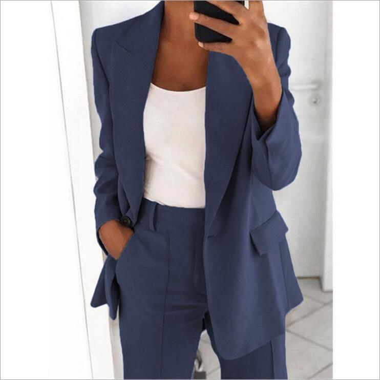 Fashion Polo Collar Slim-fit Cardigan Graceful Suit Jacket Women Dark Blue 0 null