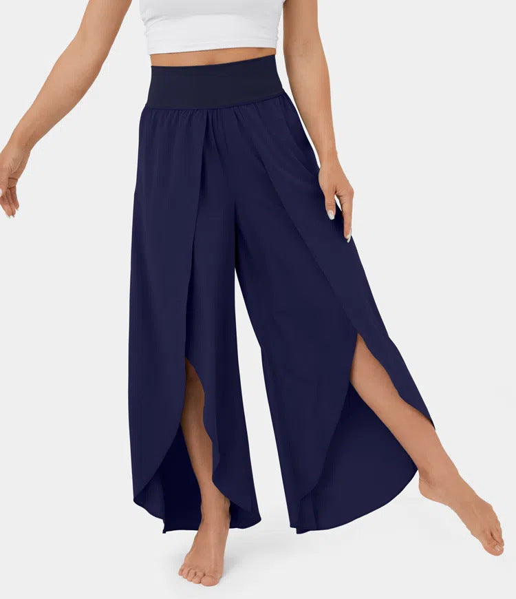 Loose Split Yoga Pants Summer Elastic High Waist Wide Leg Trousers Women's Fashion Versatile Clothing Dark Blue Women Clothing Zimivas