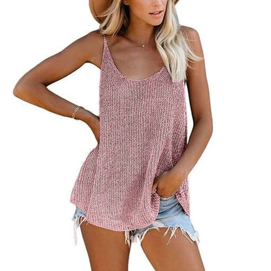 Women Knitted Vest Contrast Color Round Neck Spaghetti Straps Knitted Women Clothing Zimivas