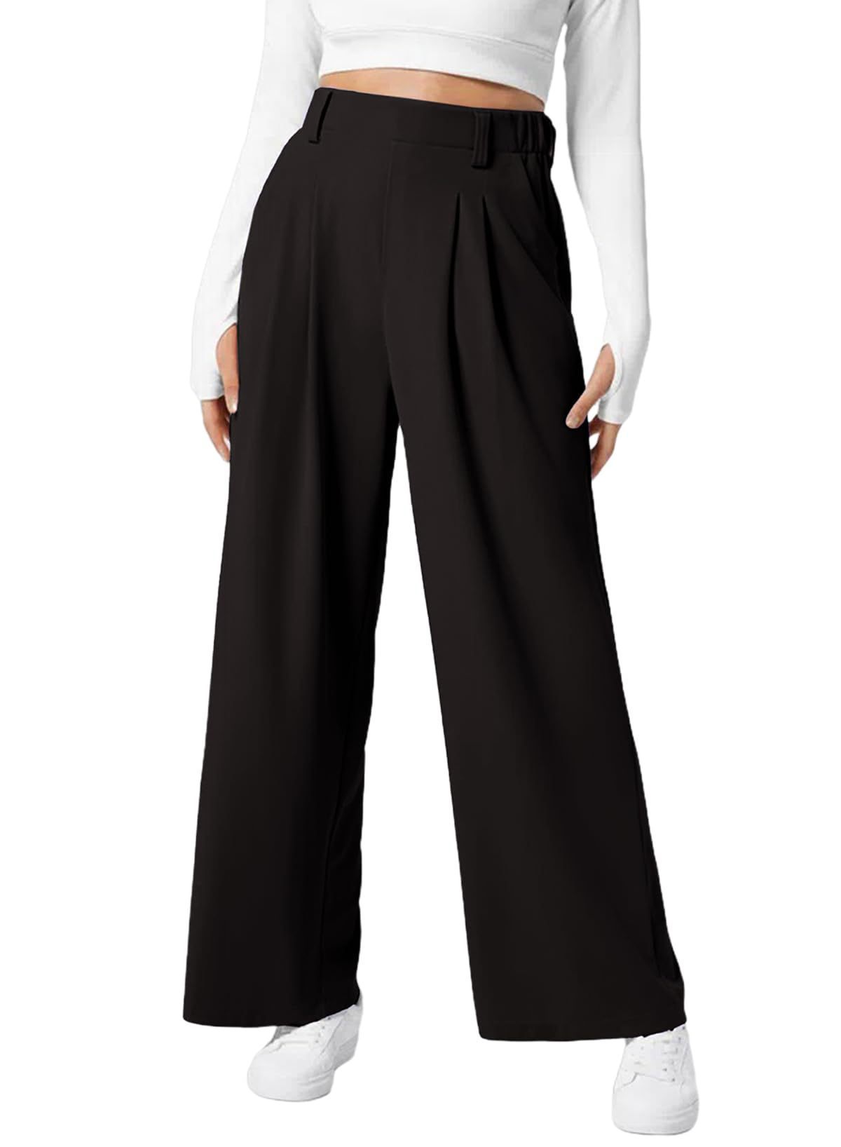 Women's Wide Leg Pants Elastic High Waist Waffle Knit Casual Black 0 null