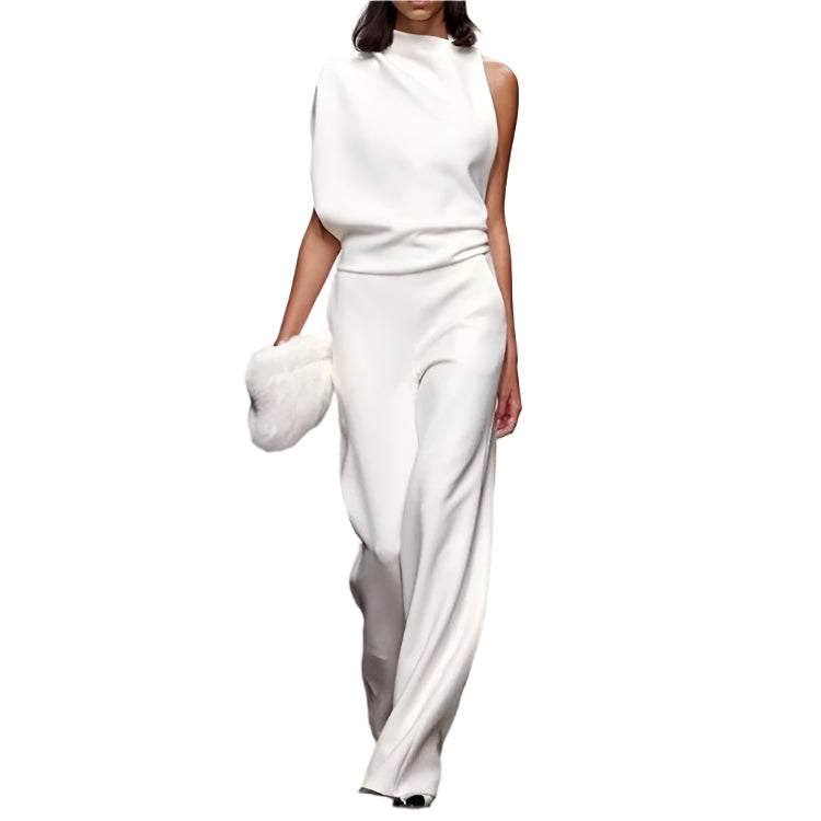 women Solid Color One-Shoulder Pile Collar Jumpsuit Women Clothing Zimivas