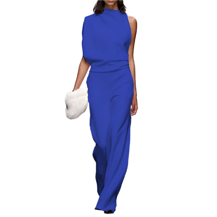 women Solid Color One-Shoulder Pile Collar Jumpsuit Blue Women Clothing Zimivas