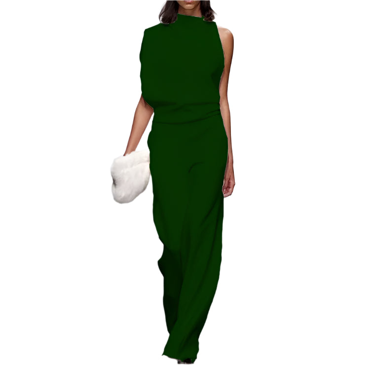 women Solid Color One-Shoulder Pile Collar Jumpsuit Green Women Clothing Zimivas