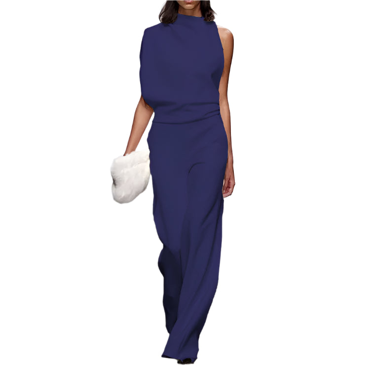 women Solid Color One-Shoulder Pile Collar Jumpsuit Navy Blue Women Clothing Zimivas