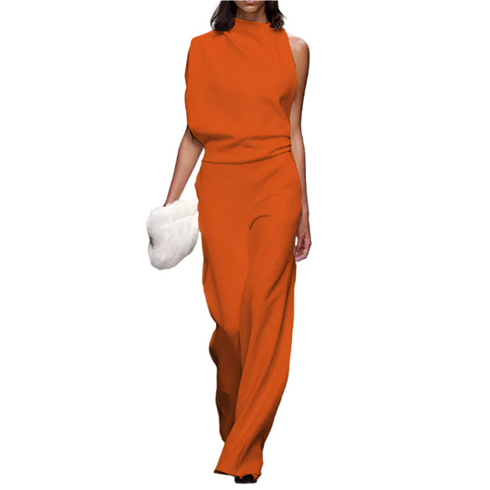 women Solid Color One-Shoulder Pile Collar Jumpsuit Orange Women Clothing Zimivas