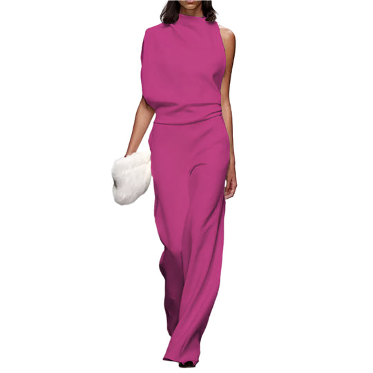 women Solid Color One-Shoulder Pile Collar Jumpsuit Rose Red Women Clothing Zimivas