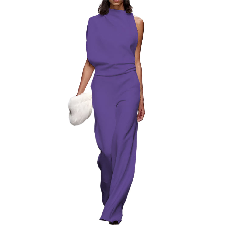 women Solid Color One-Shoulder Pile Collar Jumpsuit Purple Women Clothing Zimivas