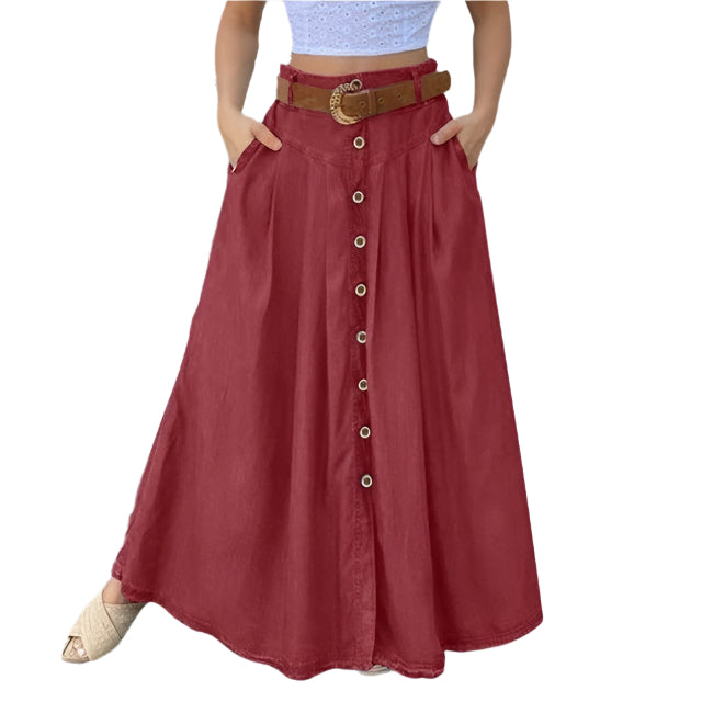 Women's Button Skirt Casual High Waist Plus Size Long Dress Red Women Clothing Zimivas