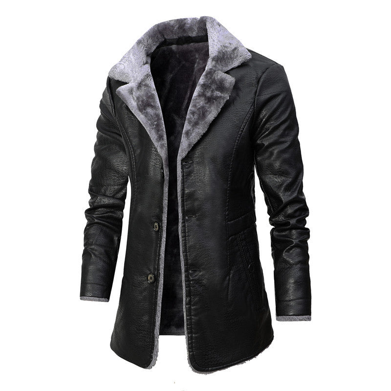 Plush Lapel Leather Jacket Winter Warm Fleece Single-breasted Coat For Men Long Clothing Black 0 null