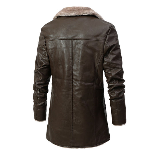 Plush Lapel Leather Jacket Winter Warm Fleece Single-breasted Coat For Men Long Clothing 0 null