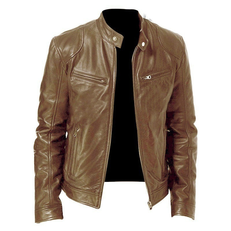 Men's Zip Cardigan PU Leather Jacket With Stand Collar Brown Men Clothing Zimivas