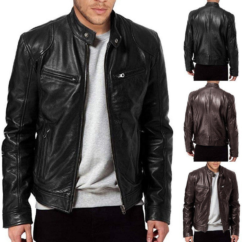 Men's Zip Cardigan PU Leather Jacket With Stand Collar Men Clothing Zimivas