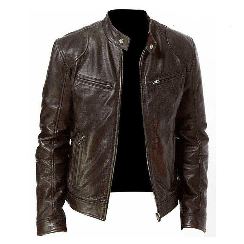 Men's Zip Cardigan PU Leather Jacket With Stand Collar Coffee Men Clothing Zimivas