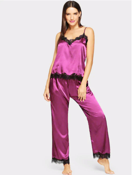 Pajamas Simulation Silk Summer Long Pajamas Two-Piece Suit Rose Red Women Clothing Zimivas