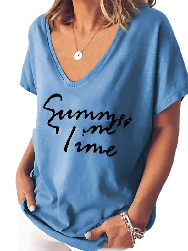 Women's Fashion Short Sleeve V-Neck Letter Print Top T Shirt Blue Women Clothing Zimivas