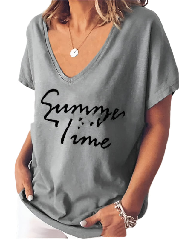 Women's Fashion Short Sleeve V-Neck Letter Print Top T Shirt Grey Women Clothing Zimivas