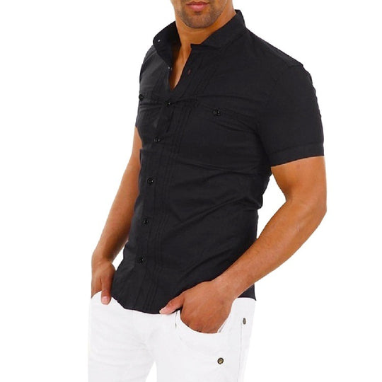 Men's Short-Sleeved Shirt Stitching Shirt Black Men Clothing Zimivas