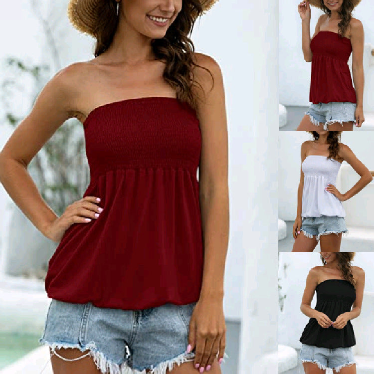 Sleeveless Babydoll Tube Top Ruffled Pleated Top 0 null