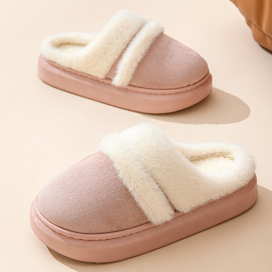 Fashion Warm Cotton Slippers For Women Leisure Thick Bottom Non-slip Plus-velvet House Shoes Winter Bedroom Floor Suede Slipper Pink 4 null