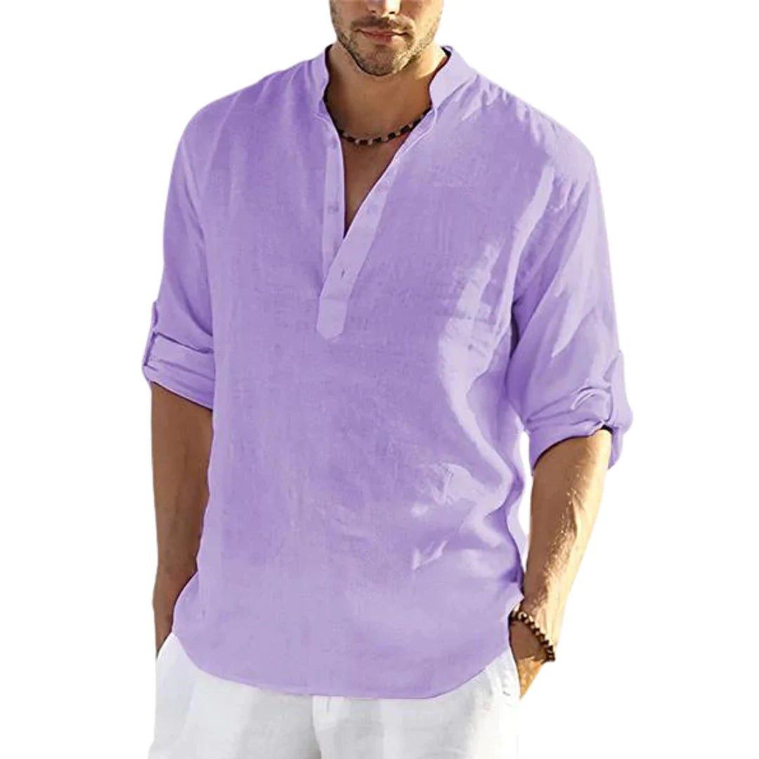 Men's Casual 3pics Cotton Linen Solid Color Long Sleeve Shirt Loose Stand Collar Purple Men Clothing Zimivas