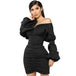 Slim Puff Sleeve One-shoulder V-Neck Dress Black 0 Zimivas