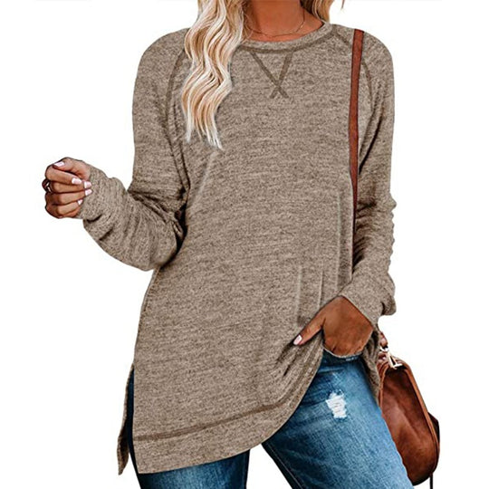 Women's Long Sleeve Loose Casual Fall Pullover Solid Color Top Khaki Women Clothing Zimivas