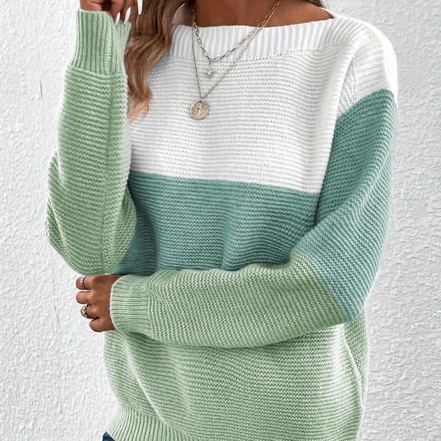 Pullover Knitted Sweater Fashion Round Neck Splicing Knitwear Loose Top Women's Clothing Green XXL Women Clothing Zimivas