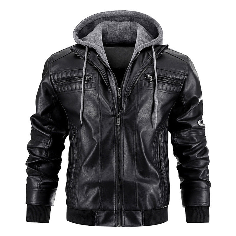 Hooded Jacket With Zipper Pockets Fashion Warm Pu Leather Coat Mens Clothing Black 0 null