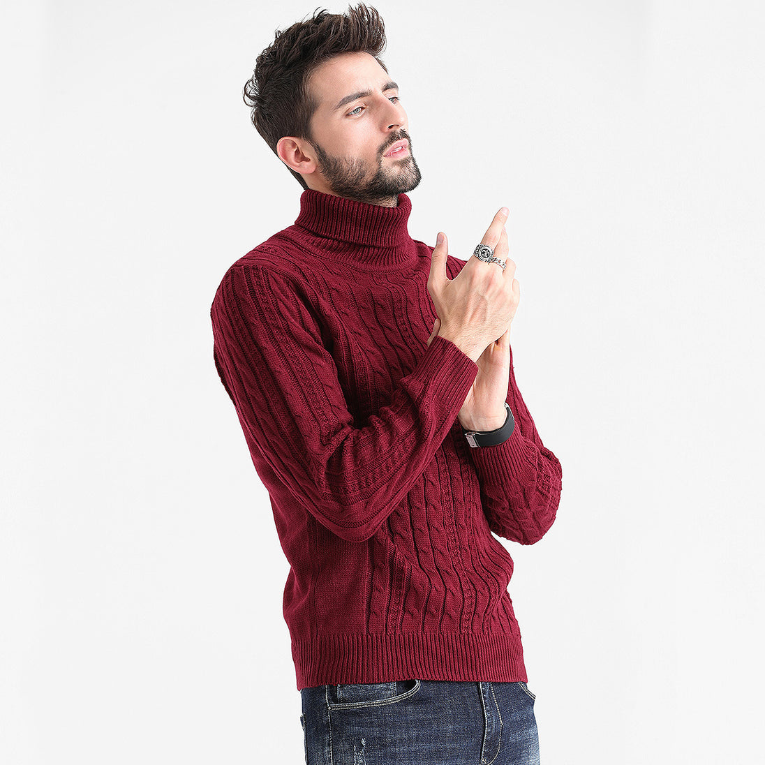 men Fashion Winter Vintage Sweaters Striped Turtleneck Long Sleeve Loose Knitwear pullover Red Men Clothing Zimivas