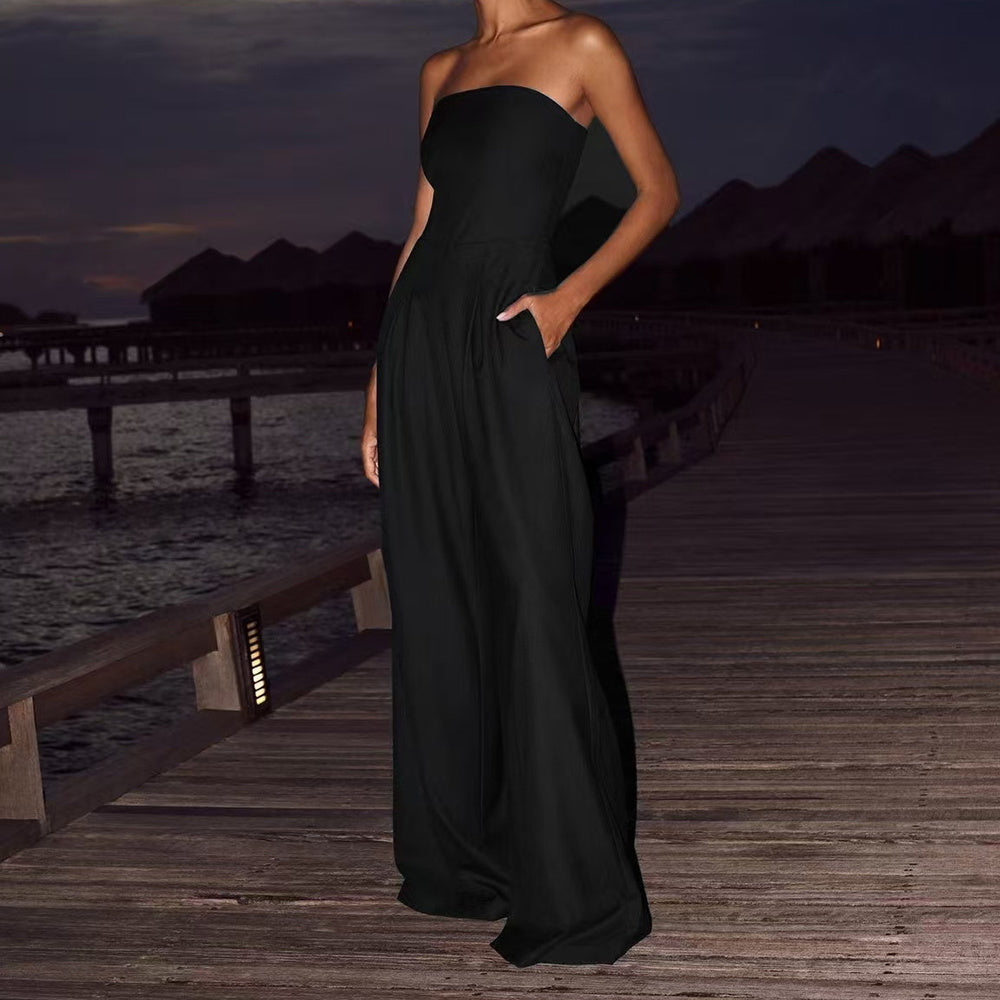 Loose Tube-top Jumpsuit Ins Fashion Backless Wide Leg Long Pants Overalls Women's Clothing Black 0 null