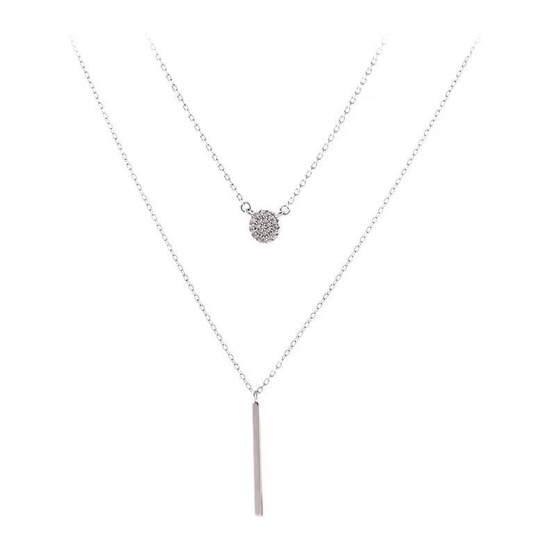 S925 Silver Color Double Chain Long Stick Micro Pave Zircon Round Pendant Necklaces For Women Trendy Jewelry White Gold Color 925 Silver 0 null