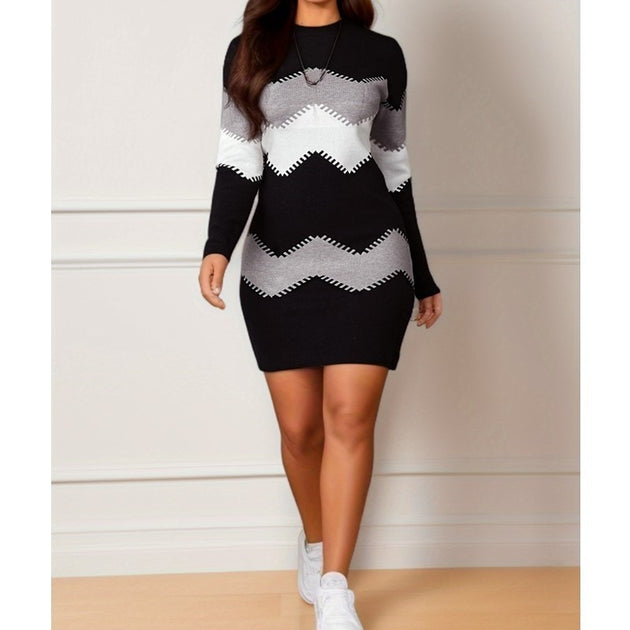 Mid length short skirt round neck long sleeved printed knitted buttock wrap dress black eprolo