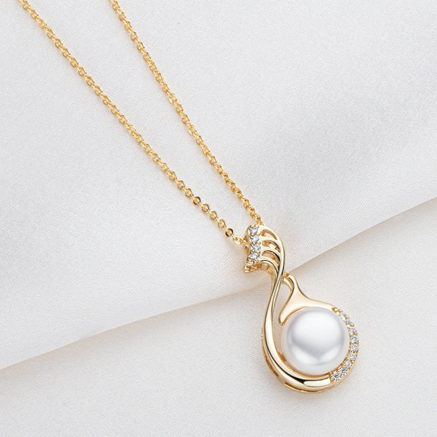 Little Swan White Freshwater Pearl Necklace Women's Fashion and Elegance Gold Wrapped Pendant B Little Swan eprolo