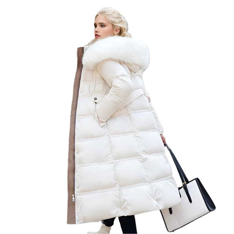 Winter Slim Long Jacket With Fur Hood And Belt Fashion Solid Hooded Coat Warm Clothing For Women OFF White With Smooth Color 0 null