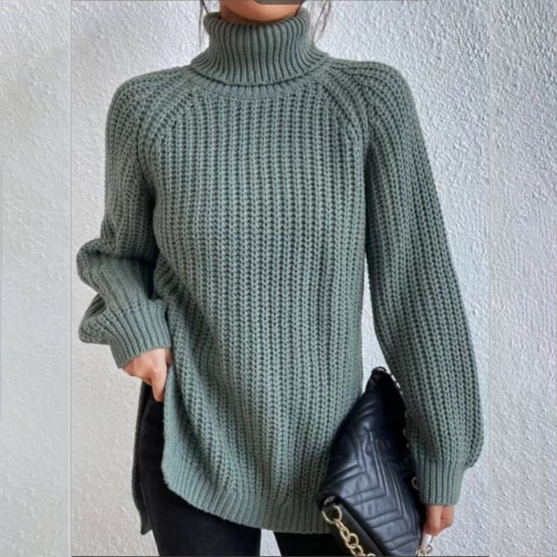 Turtleneck Pullover Sweater With Split Design Fashion Simple Solid Color Long Sleeve Tops Women's Clothing Sea Blue Women Clothing Zimivas