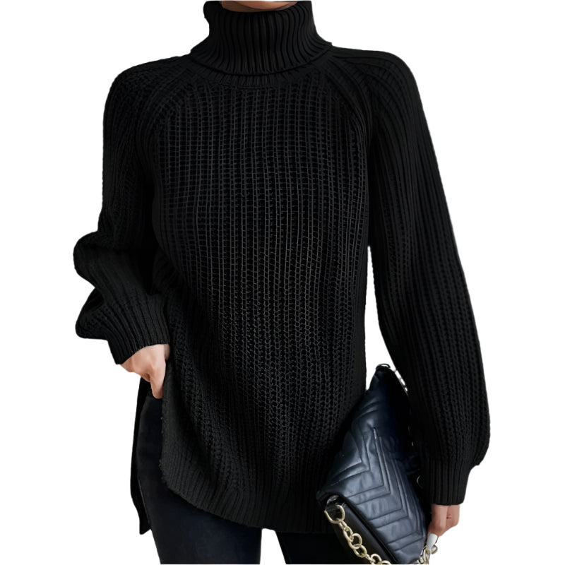 Turtleneck Pullover Sweater With Split Design Fashion Simple Solid Color Long Sleeve Tops Women's Clothing Black Women Clothing Zimivas