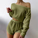 Pajamas Off-shoulder Top Shorts Breathable Waffle Casual Homewear Suit Olive Green Women Clothing Zimivas