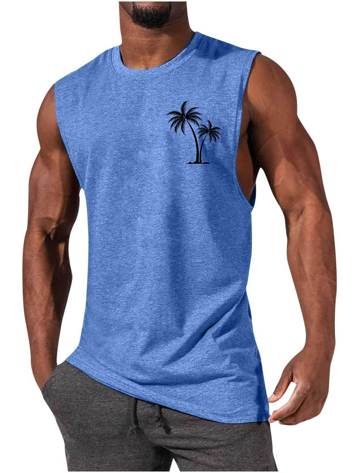 Coconut Tree Embroidery Vest Summer Beach Tank Tops Workout Muscle Men Sports Fitness T-shirt Blue Men Clothing Zimivas